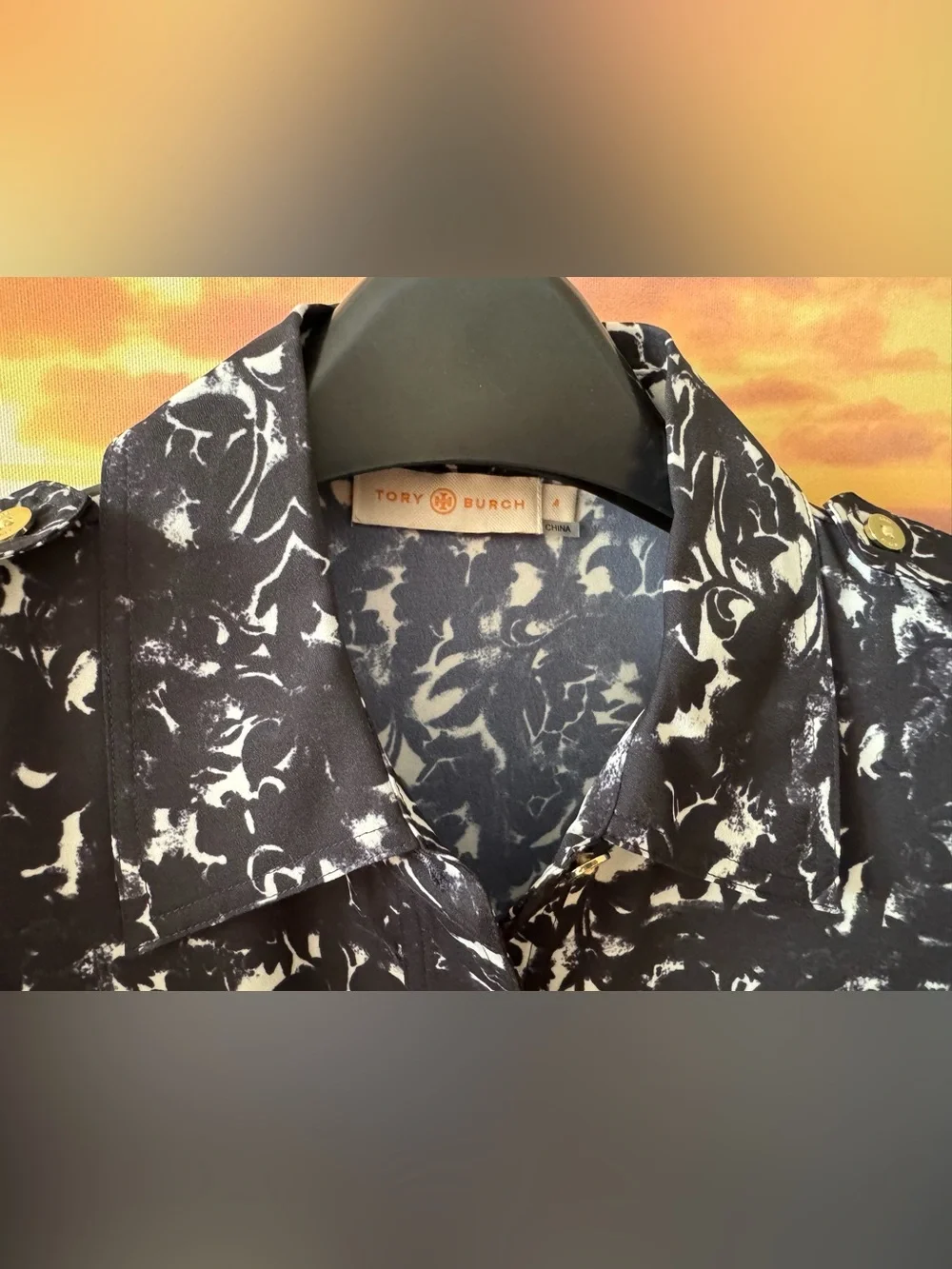 Tory Burch Black&White Printed Long Sleeve Button-Up Utility Shirt/ 4/ New